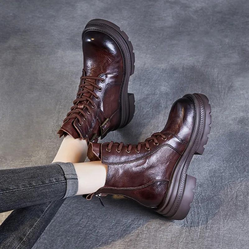 6CM Women Mid Calf Boots 2024 Autumn Winter Quality Genuine Leather Thick High Heel Platform Wide Head Lace-Up Retro Boots