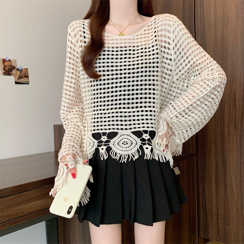 Women Clothing Chubby Girl Spring and Summer New Round Neck Hollow Out Crochet Cover Up Meat Covering Airable Shirt Knitted Sun Protection Clothing