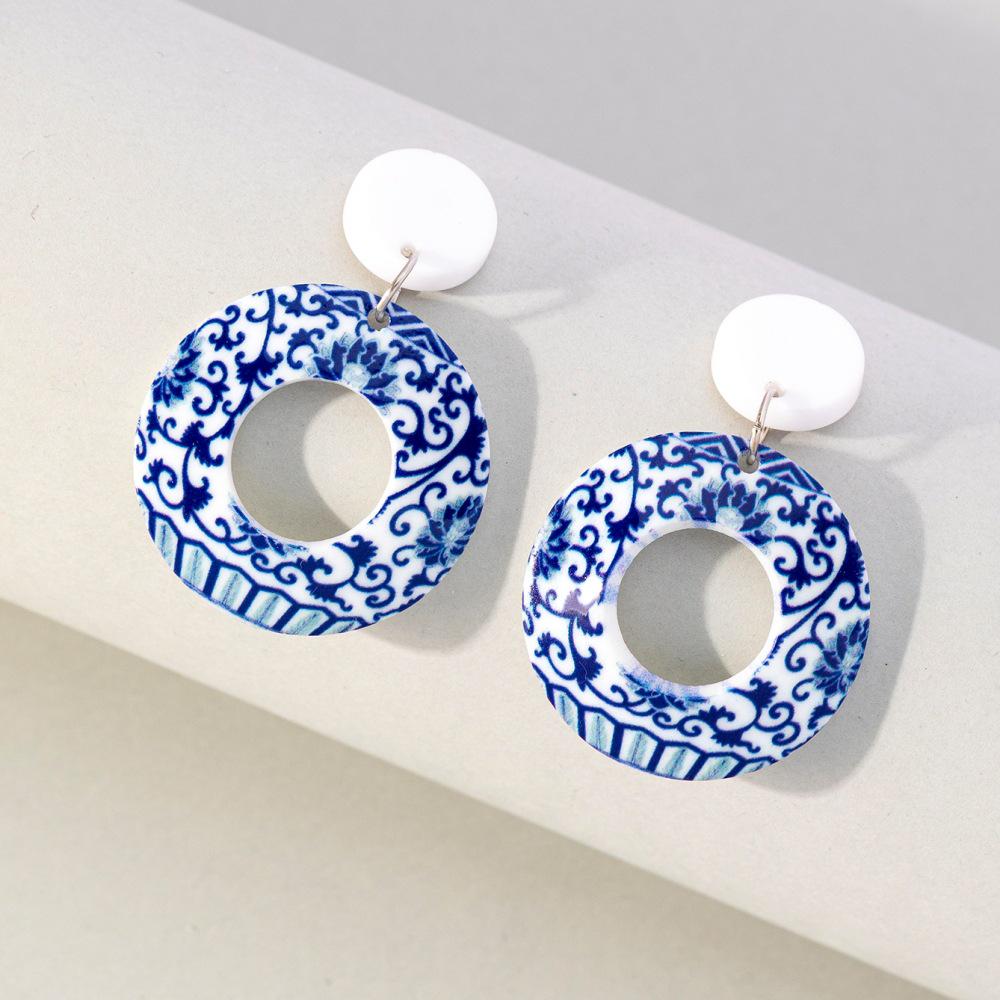 

Personality Blue & White Porcelain Geometric Dangle Earrings: Baby Blue Acrylic Cheongsam Ethnic Style