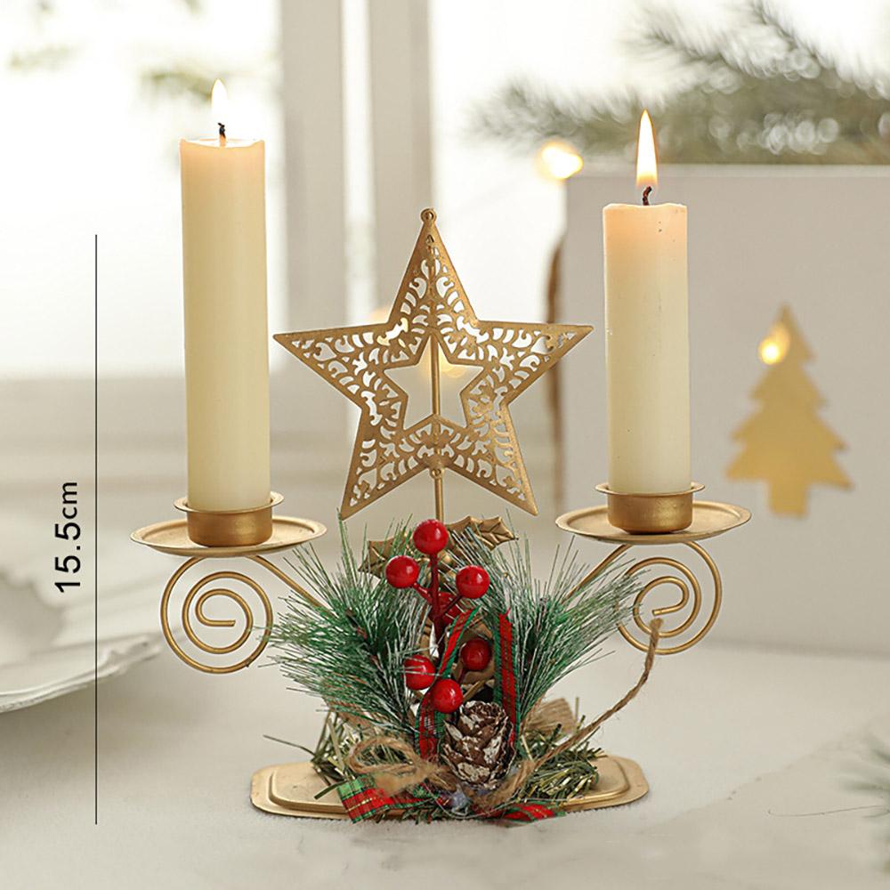 Christmas Candle Holder with Artificial Snowy Pine Needles Iron Candlestick Holiday Table Centerpiece Christmas Home Decorations