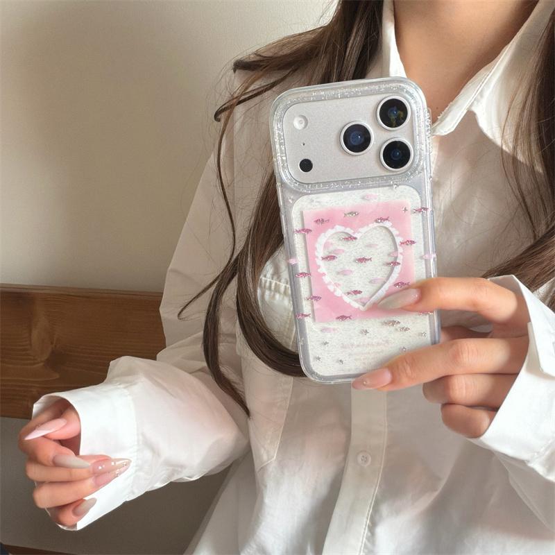 Kawaii Pink Heart Lace Fish Print Glitter Clear Phone Case For iPhone 15 16 17 Pro Max INS Sweet Coquette Style Large Window Sho