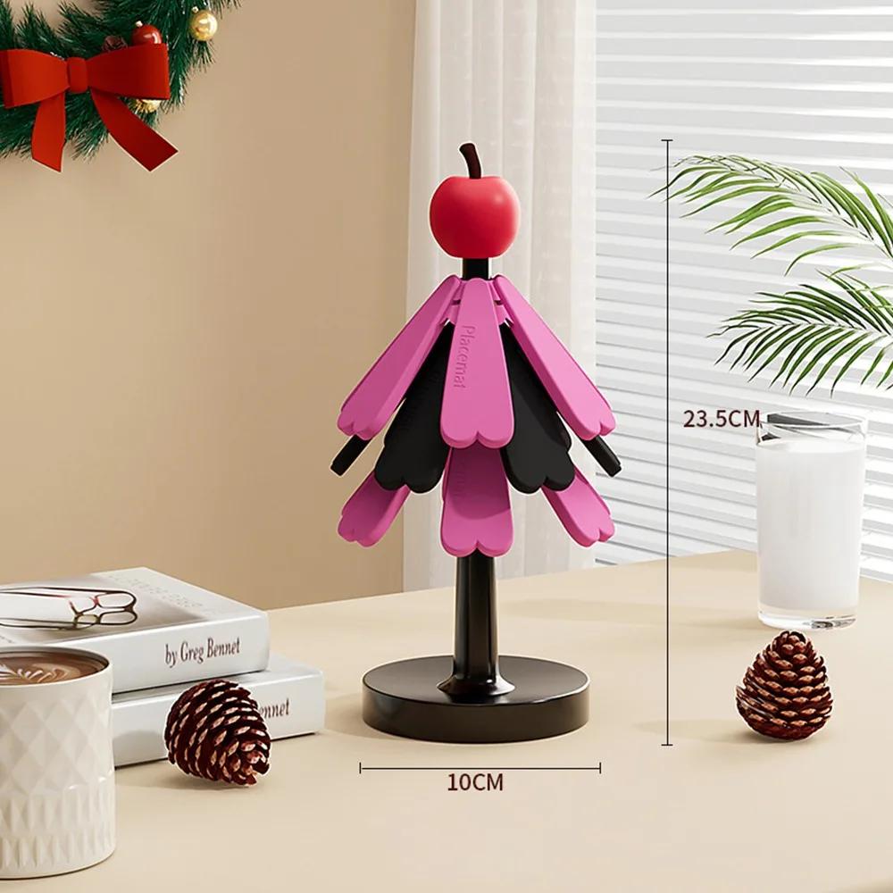 Foldable Wooden Tree Trivet Heat-insulating Decoration Christmas Tree Trivets Set with Stand Set of 3/4 Cup Coaster Set