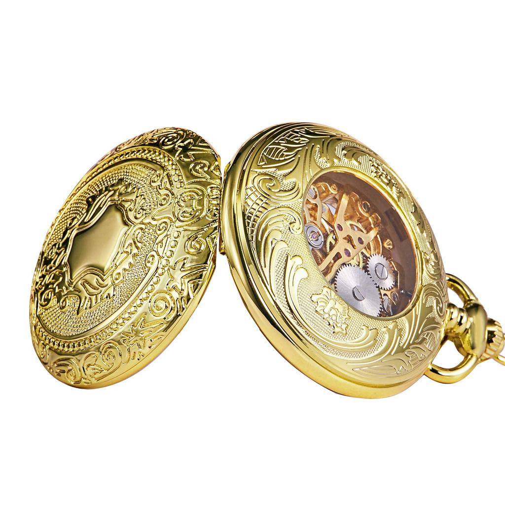 TREEWETO Mechanical Hand-Wind Pocket Watch Roman Numerals Skeleton Gold with Chain