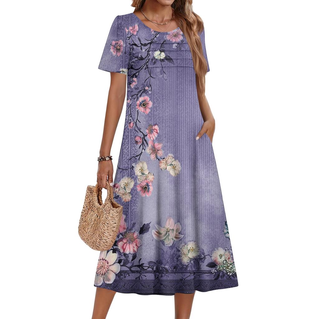 Ladies' Floral Printed Casual And Fashionable Short Sleeved Round Neck Dress