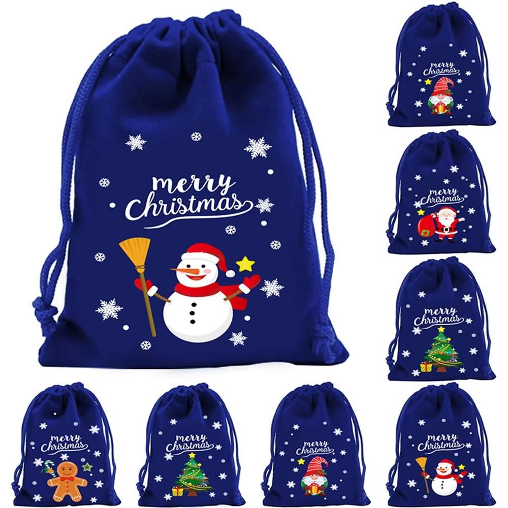 5Pcs Merry Christmas Velvet Bags Green/Red/Blue Drawstring Pouch Candy Gift Bag Jewelry Packaging Bags Xmas New Year Supplies