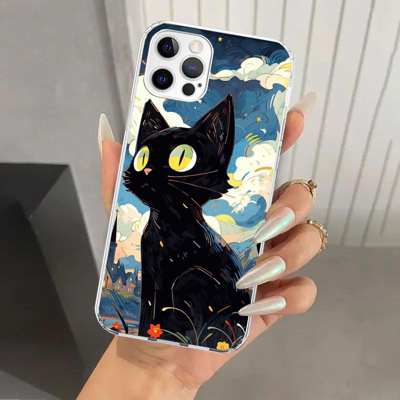 Anime Cute Black Cat Meow Phone Case for Iphone 17 Air 16 15 Plus 14 13 Mini 12 11 Pro Max 16E 7 8 SE 2020 Soft Funda Print Shel