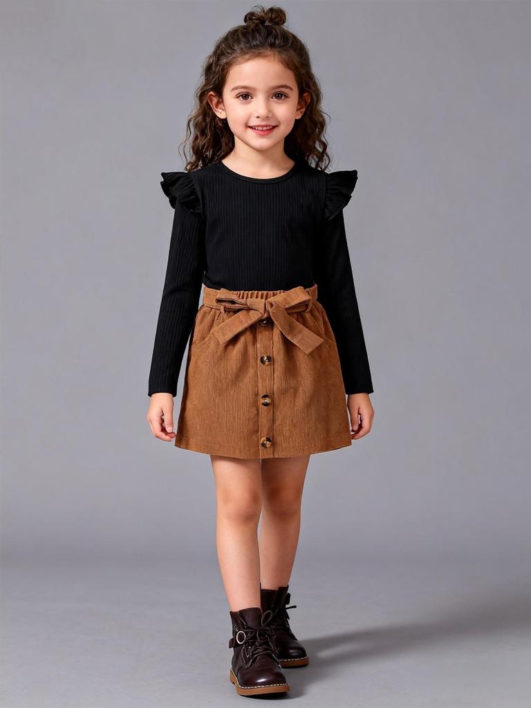 Black Ribbed Round Neck Long Sleeve Top + Girls Fashion Yellow Brown Half Skirt Set