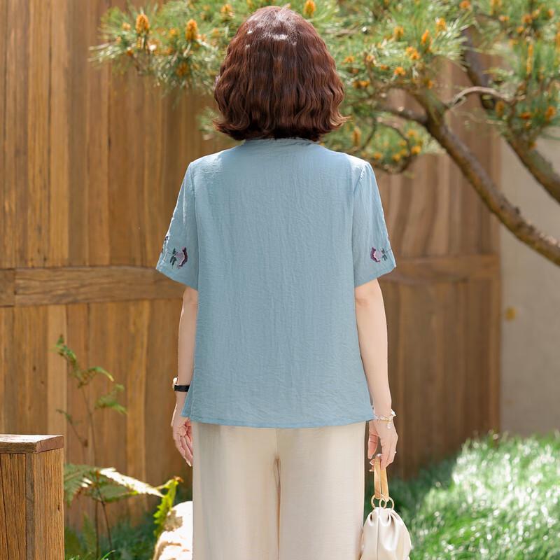 Damen Baumwoll-Leinen T-Shirt & Kurzarm Set im chinesischen Stil