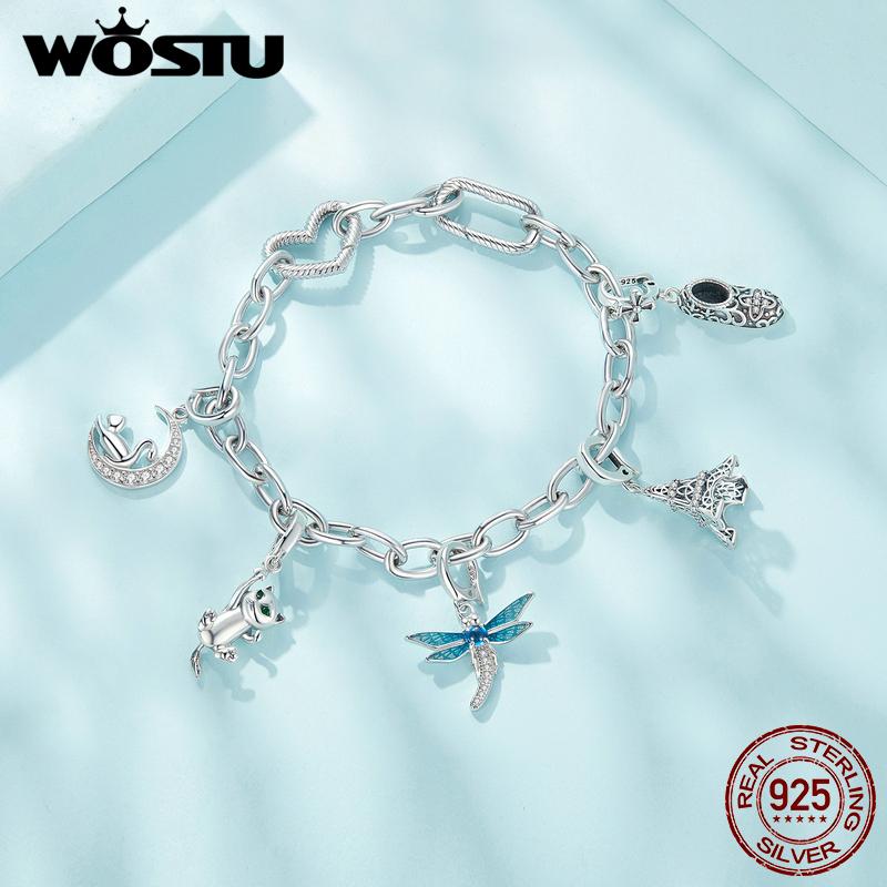 WOSTU 925 Silver Paperclip Link Heart Chains Bracelets Fit Charm Beads Basic Opening Bracelet Wristband Jewelry Gift