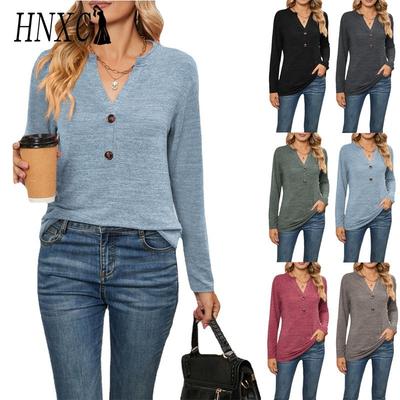 Camicette e camicie da donna con scollo a V, maniche lunghe, stampa tinta unita casual alla moda
