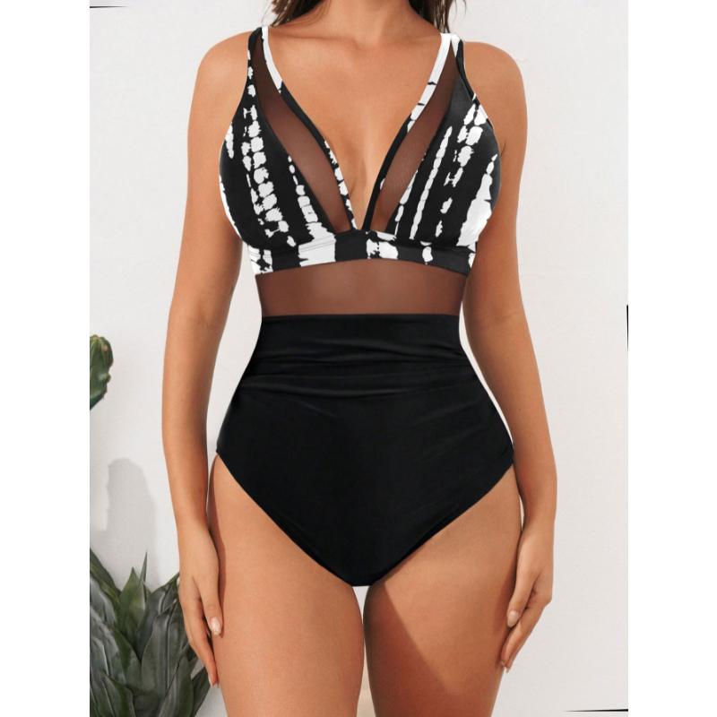 Women's Sexy One Piece Swimsuit Deep V Neck Sheer Mesh Backless Tummy Control Solid Color Monokini Summer Beach Bathing Suit Swimwear