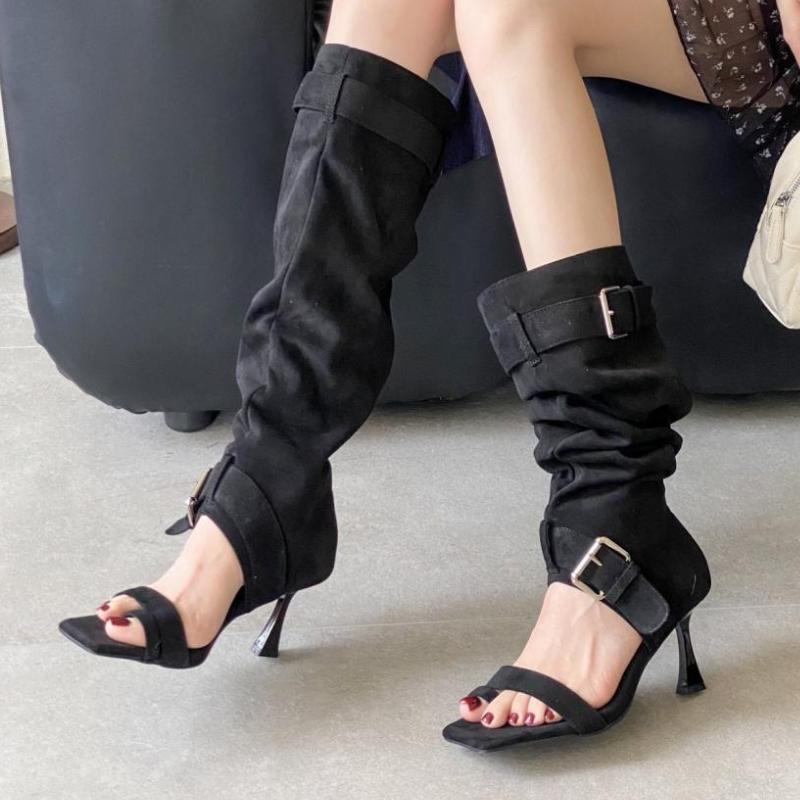 

Fashion Fashion Metal Buckle Decoration Thigh High Boot Women Sexy Open Toe Design Brand Modern Boot High Quality Faux Suede Summer Boot 35 чёрный