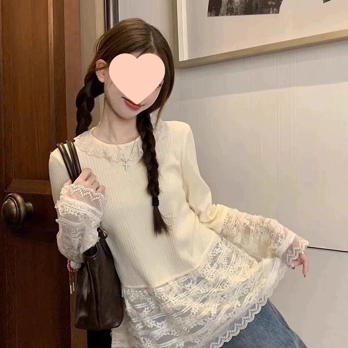 

Женская осенняя рубашка с длинными рукавами и кружевной основой, скомбинированная с подолом XL 60-70 kg