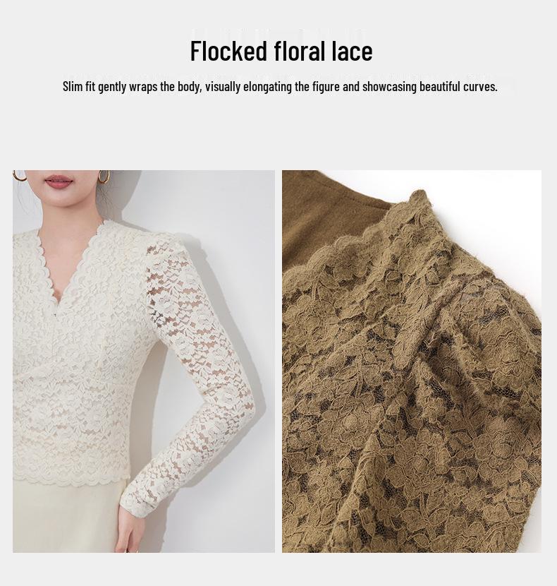 Elegant Slimming V-Neck Long Sleeve Knit Top with Fleece, Brushed Finish, and Lace Trim