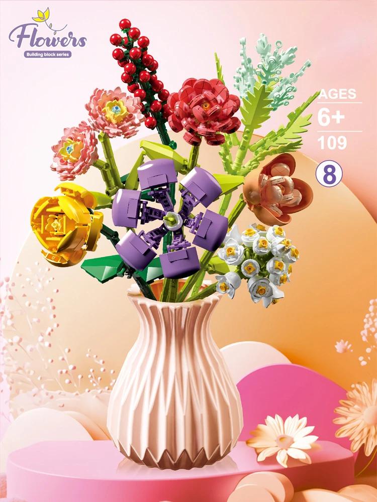 Micro Building Block with Vase Eternal Flower Bouquet Set Creative Home Decoration Ornament Compatible with