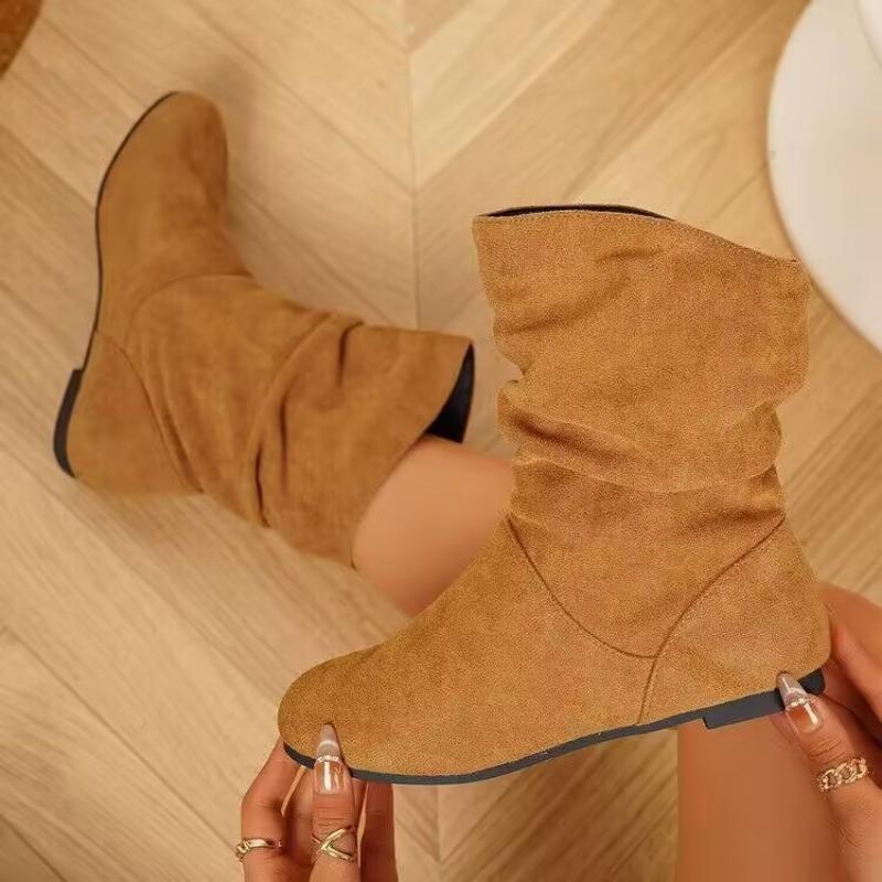 2025 Pleated Stack Boots Women's Winter New Large Size Round Toe Retro Mid-leg Boots
