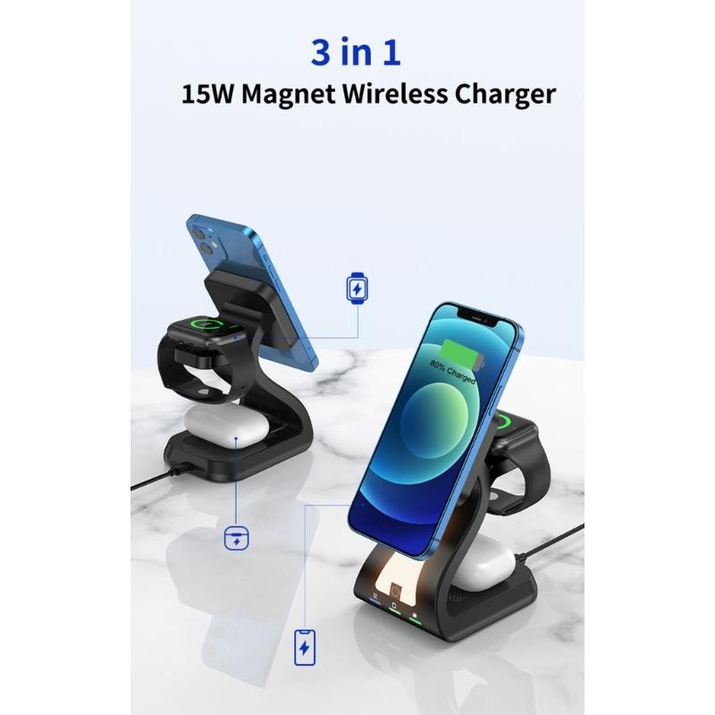 Magnetic Wireless Charging Station ABS Texture Suitable for Phone Watch Earphone Fast 15W Charging Built In Night Light