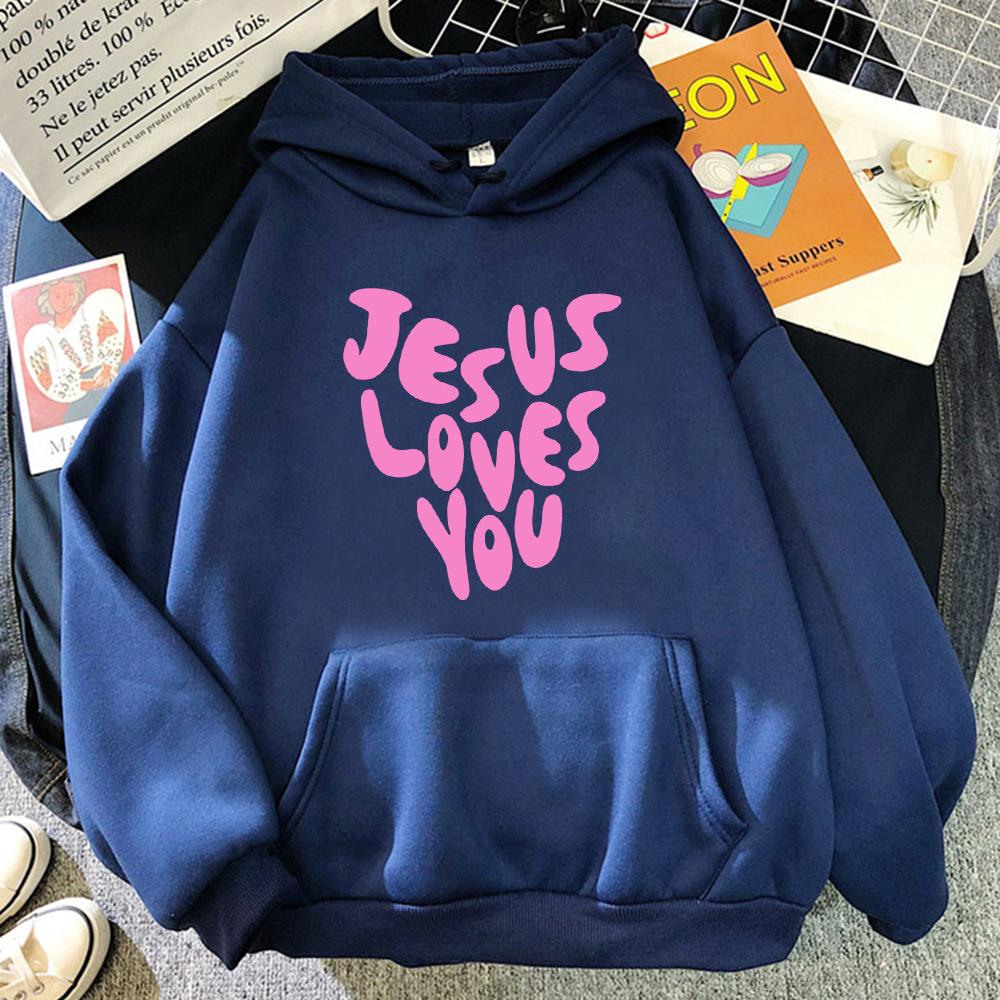 Jesus Loves Me Letter Funny Prints Hoodies Women Autumn Warm Sweatshirt Fleece All-Match Clothes Pocket Oversized Hoody