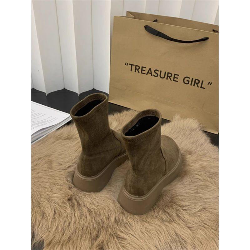 Versatile Fashion Foreign Style Internet Celebrity Thin Boots Thick-soled Martin Elastic Boots Women's Velvet Suede Short Boots 2025 Autumn and Winter
