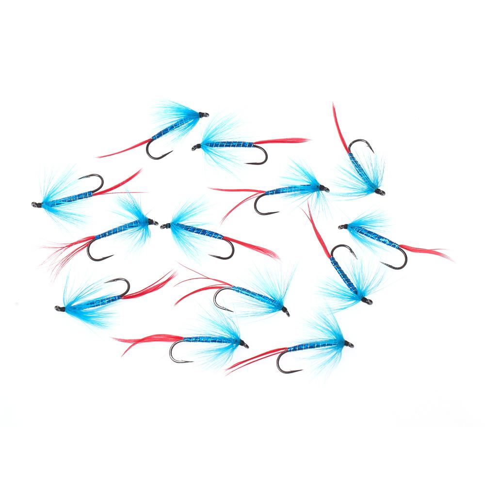 Bimoo 4# Blue Red Silver-Butcher Fly Rooster Hackle Realistic May Fly Adult Nymph for Trout Grayling Fishing Lures