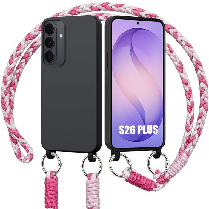 Coque pour Samsung Galaxy S26 Plus, Antichoc Anti-Rayures Silicone Noir avec Cordon Blanc Rose