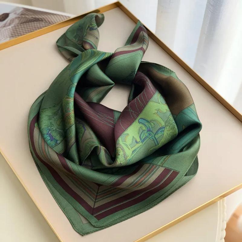 26.77" Green Print Square Scarf Simulated Silk Thin Satin Neck Scarf Elegant Style Professional Decorative Small Scarf For Lady