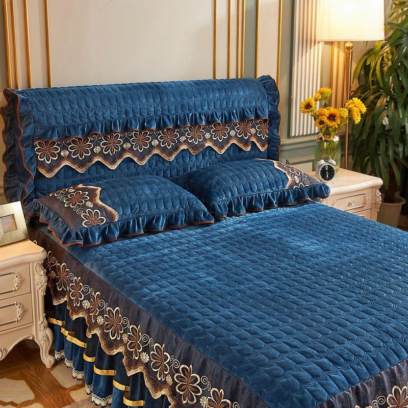 3PCS European Style Fleece Lace Bed Skirt Set of Three, Includes: Bed Skirt, Fitted Sheet, Dust Cover - Warmth Bedding Set