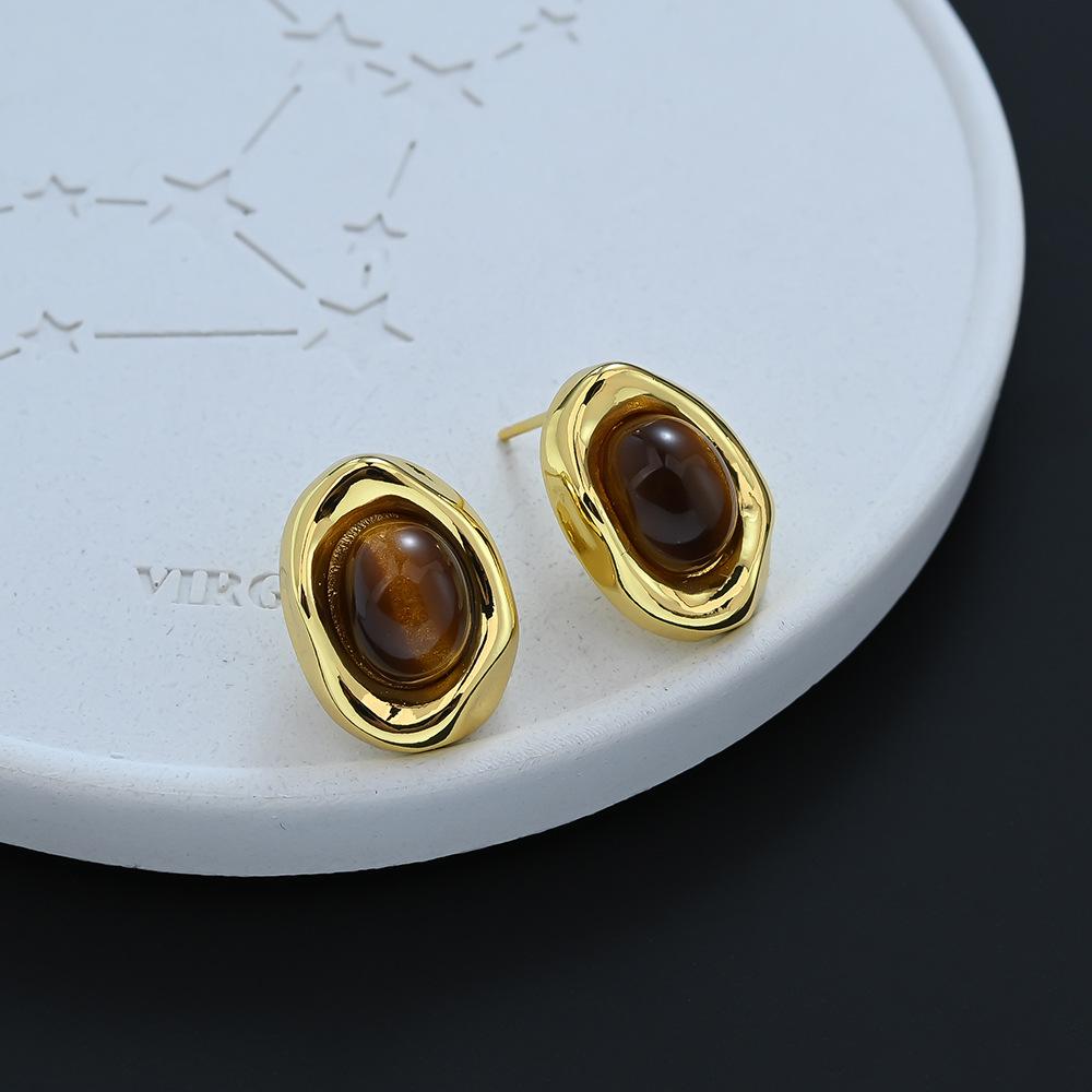 Vintage Maillard Tiger'S Eye Stone Irregular Oval Stud Earrings Women'S Niche Design Temperament Earrings Ear Jewelry