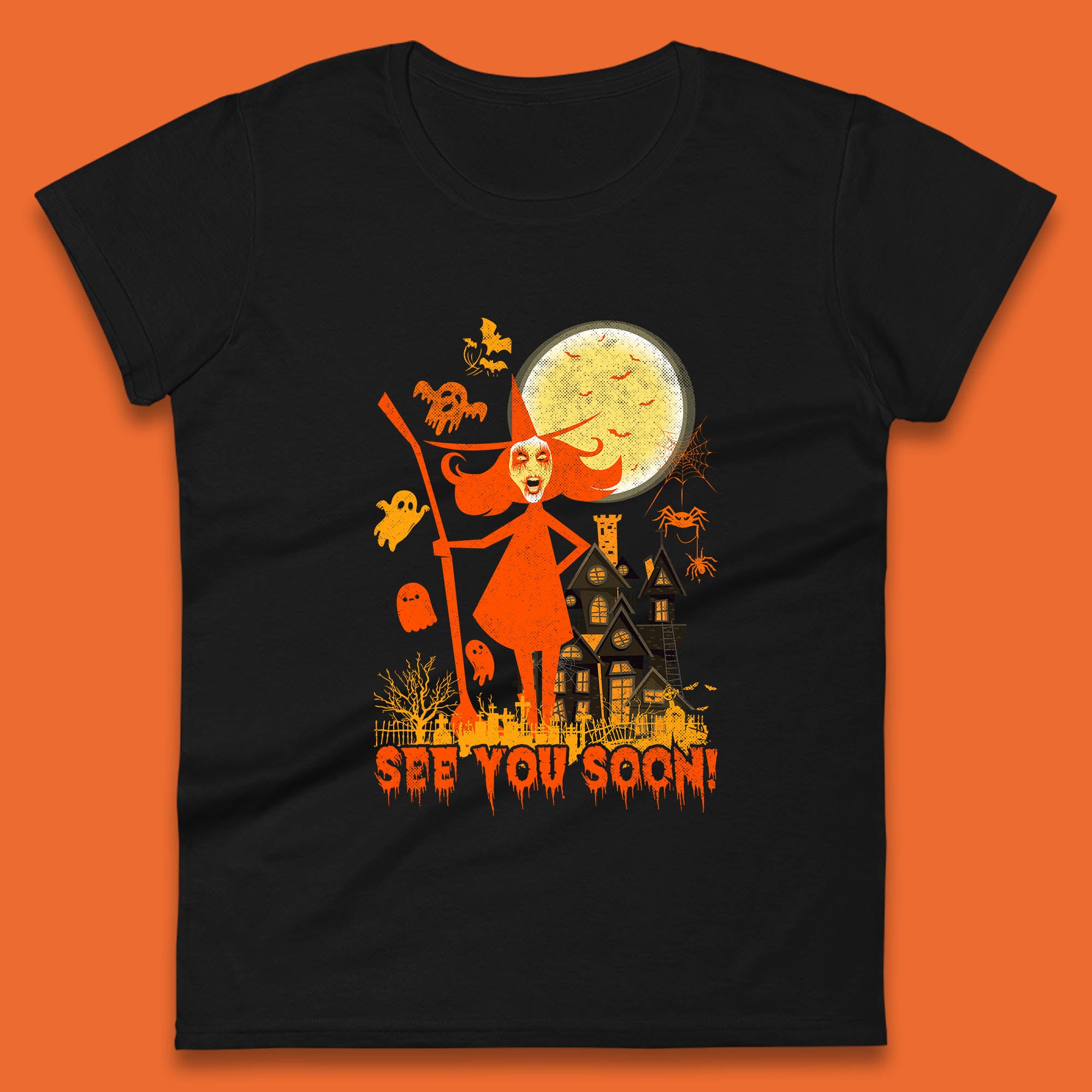 

See You Soon Halloween Witch With Broom Horror Scary Haunted House Womens Tee T Shirt Mens Tops Unisex Top S