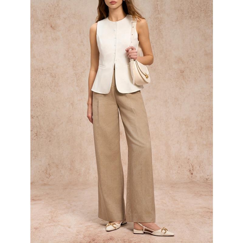 Women Crew Neck Sleeveless Waistcoat Vest Solid White Multi Button Slim Fit Office Blazer Top
