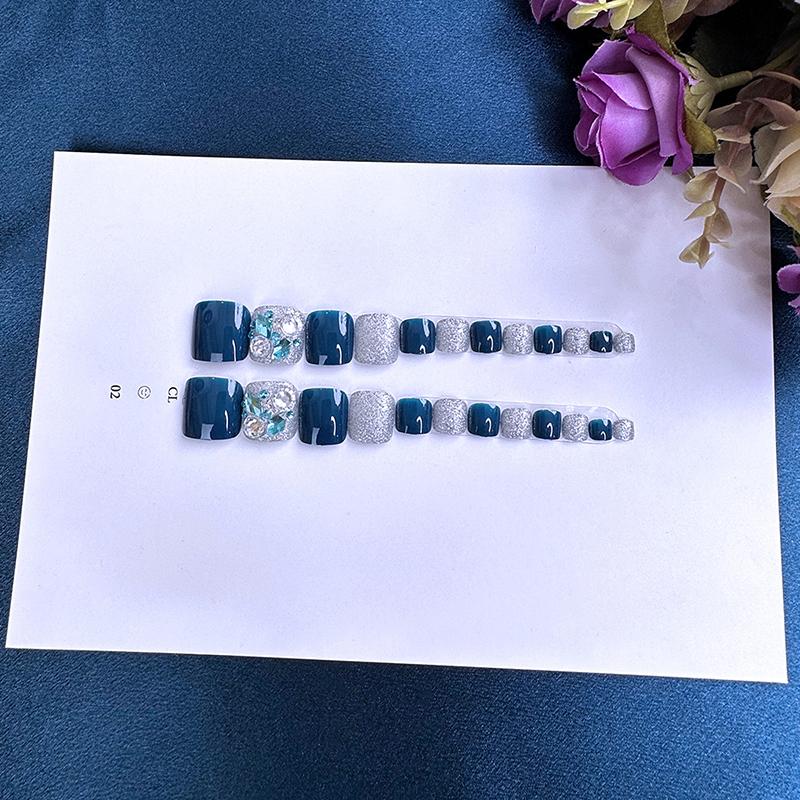 24Pcs Short Square Toenails Press On Glitter Blue Diamond False Toe Nails With Glue Removable Toenails For Women