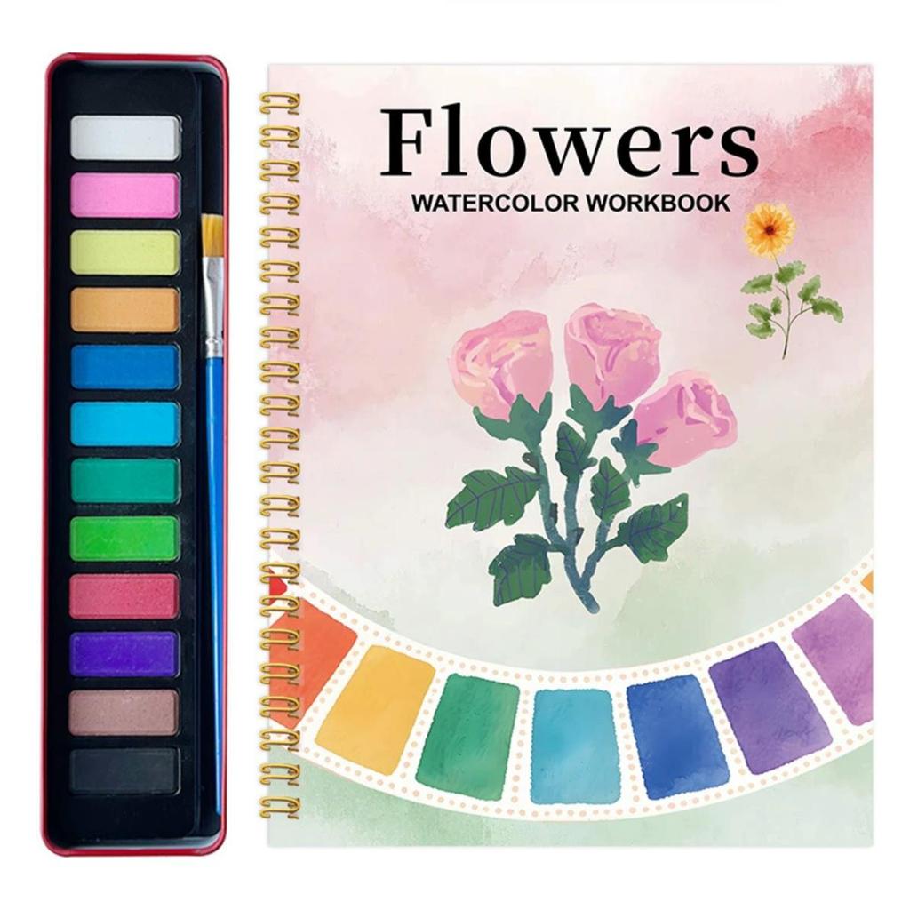 Watercolor Workbook Painting Book 12 Colors & Brush Educational Color Drawing Pages Painting Kit For Practice Your Painting
