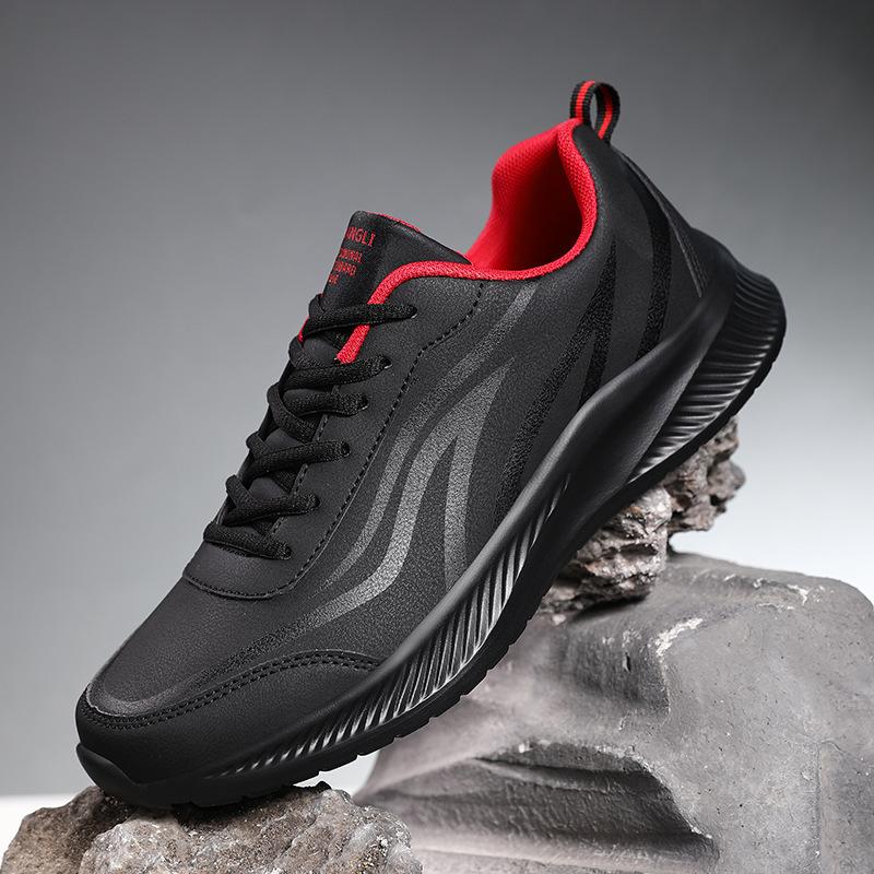 Spring and Autumn Men's Shoes Sneakers Black Leather Surface Waterproof Lightweight Travel Running Shoes Large Size Soft Sole Casual Shoes Men