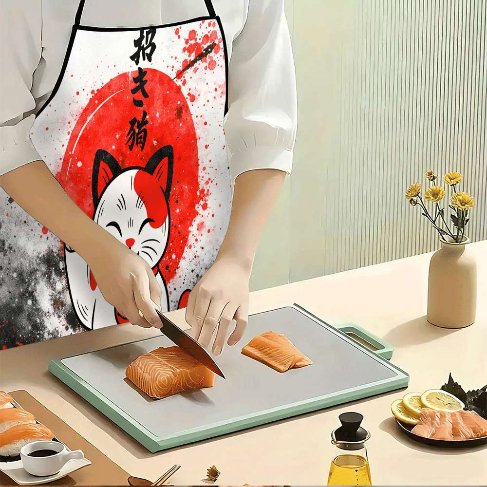 Maneki Neko Apron, Lucky Cat with Red Sun and Cherry Blossoms, Chinese Character Fortune Pattern, Multiple Sizes Available