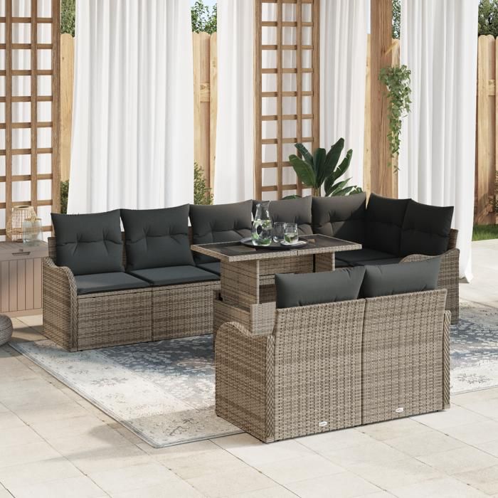 Set de Canapé de Jardin 9 pièces vidaXL avec Coussins en Rattan Poly Gris, Canapé de Jardin 2 places vidaXL avec Coussins 3348485