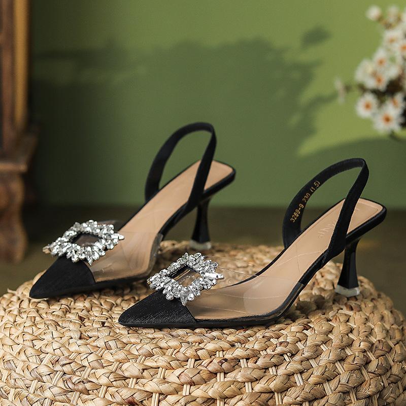 Rhinestone Square Buckle High Heels Fairy Wind Transparent Bag Head Sandals Female Thin Heel Pointed Back Empty Spring and Summer New
