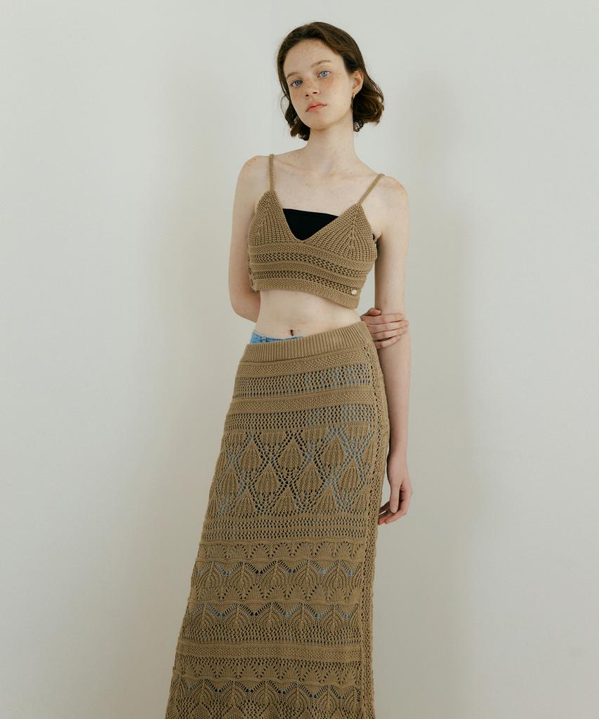 LUCIR ZU Weave Crochet Two-Piece (Top & Skirt) (Brown)
