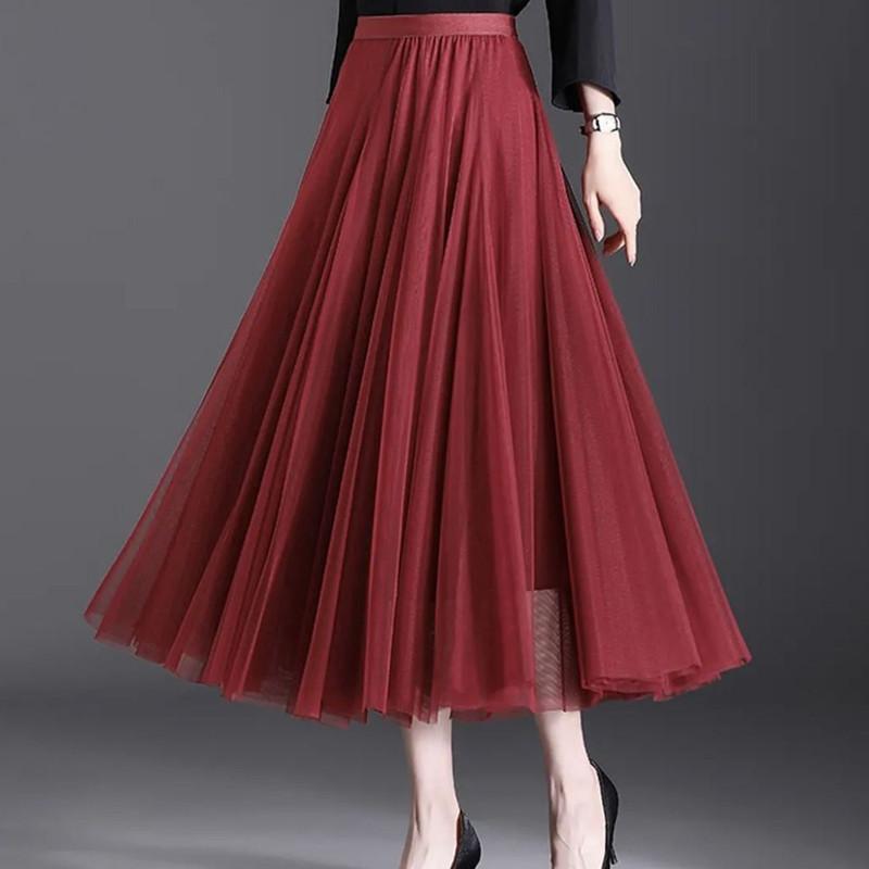Spring Autumn Summer Holiday Beach Women Long Midi Skirt Ladies Elastic High Waist Tulle Mesh Pleated Tutu Skirt