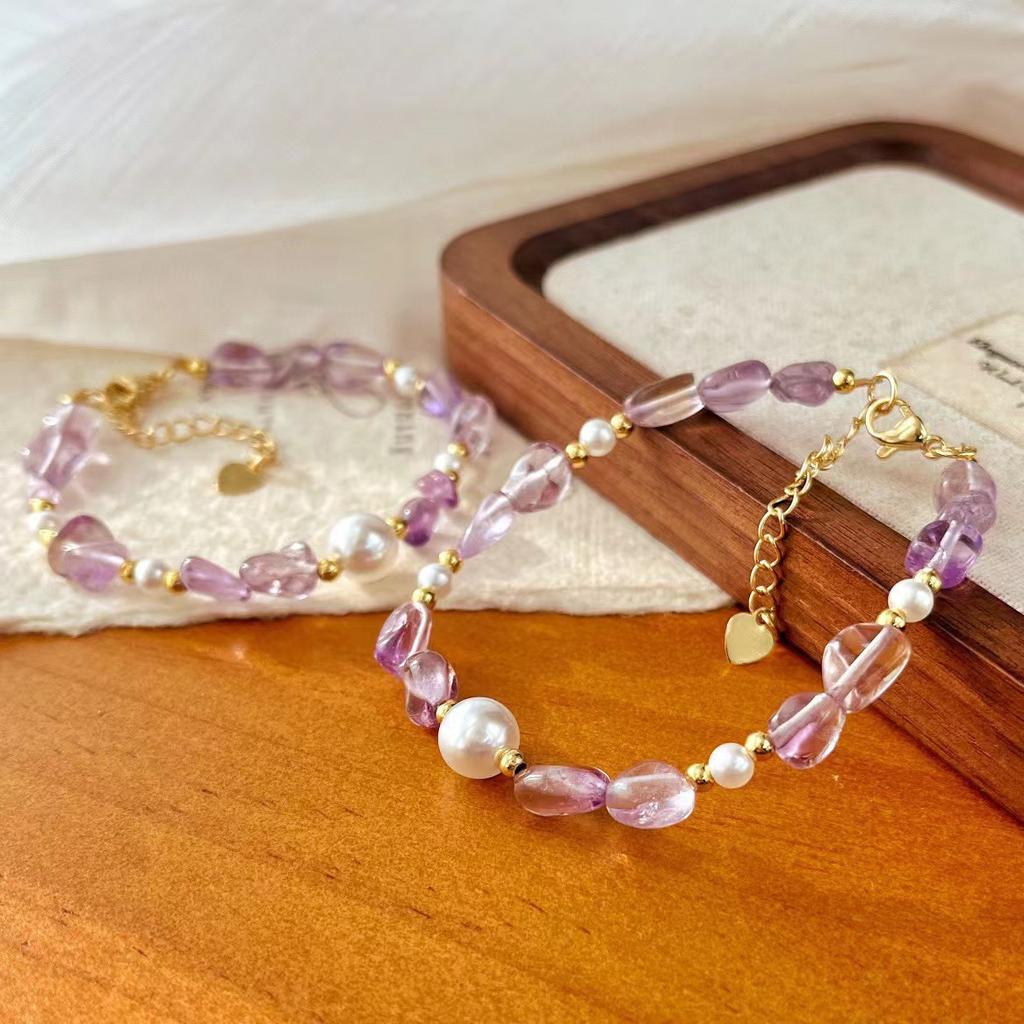 Vintage High-quality Natural Amethyst Conformal Faux Australian White Pearl Bracelet