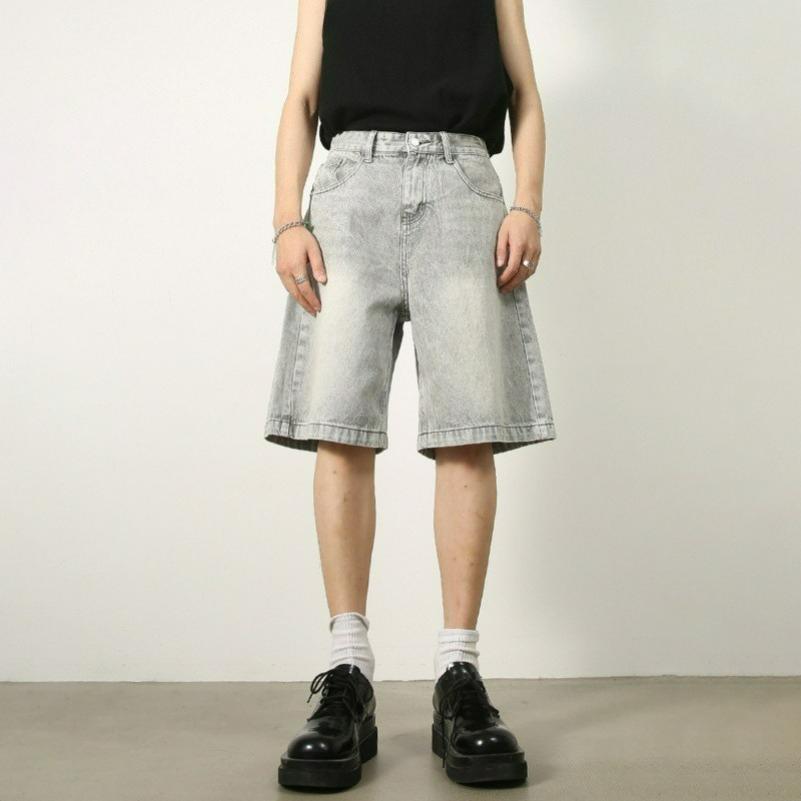 Summer Retro Distressed Blue Denim Pants Men's Loose Straight Five-point Pants All-match Hot Pants