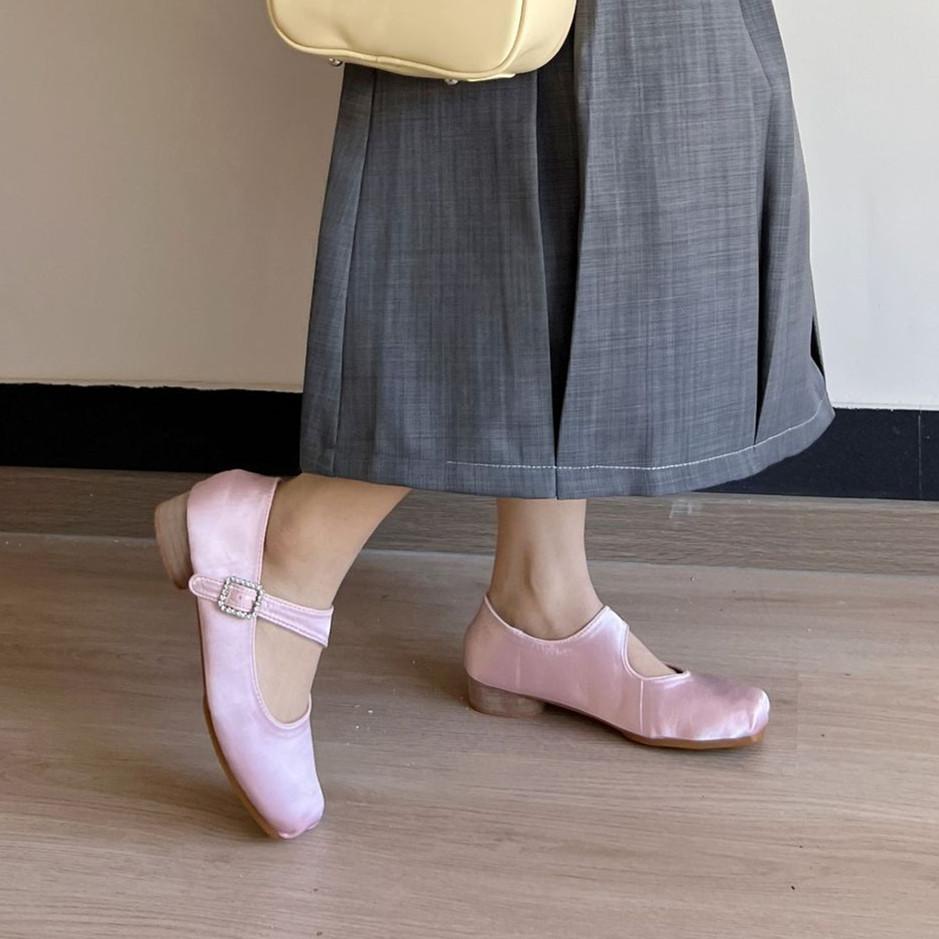 Fashion IPPEUM Satin Pink Ballerinas Zapatos Mujer Square Toe Mary Janes Shoes Pumps Ballet Flats Women