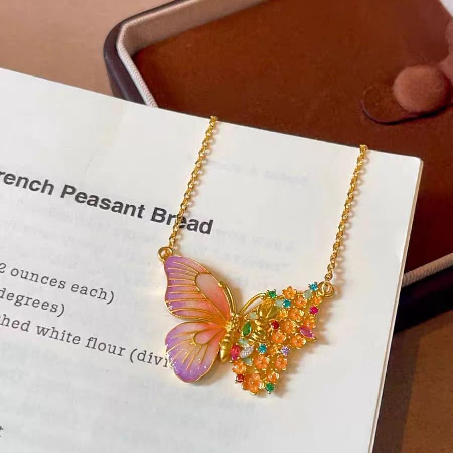 Blue-Fired Filigree Butterfly Pendant Necklace with Gold Enamel, Light Luxury Courtly Style.