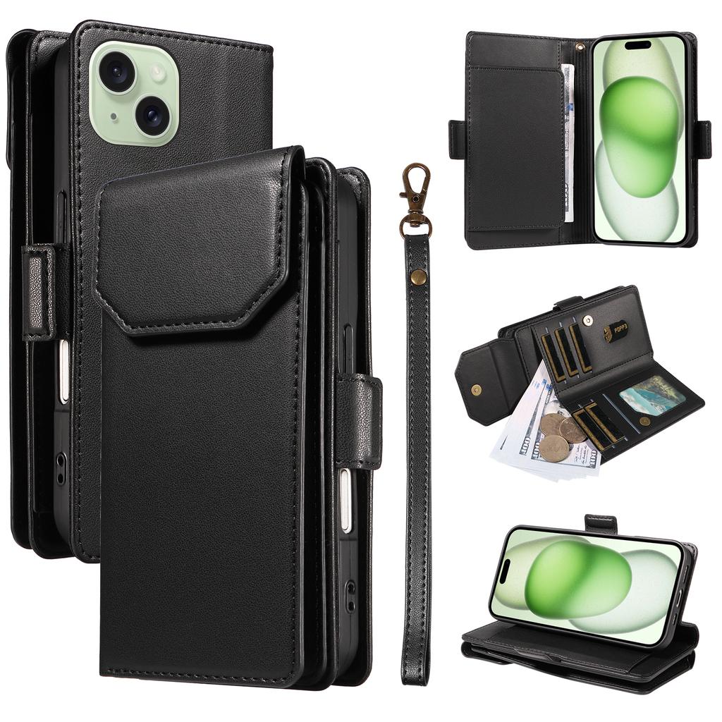 For iPhone 15 Plus Case with Multi-Card Holder and Strap PU Leather Phone Cover Stand