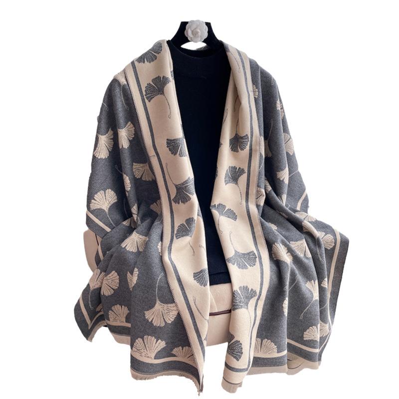 Scarf Women'S Winter High-End Sense Ginkgo Biloba Fashion Imitation Cashmere Warm Scarf Short Beard Fringed Shawl