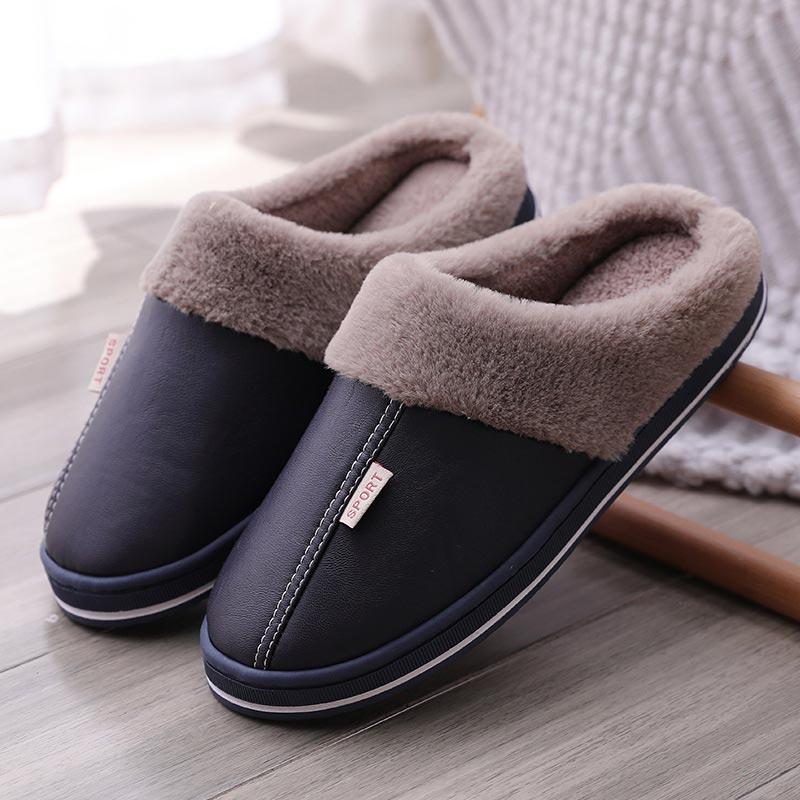 Women'S Slippers Indoor Warm Slippers Non-Slip Winter Ladies Leather Slippers Antifouling Couple Home Short Plush Flate Shoes