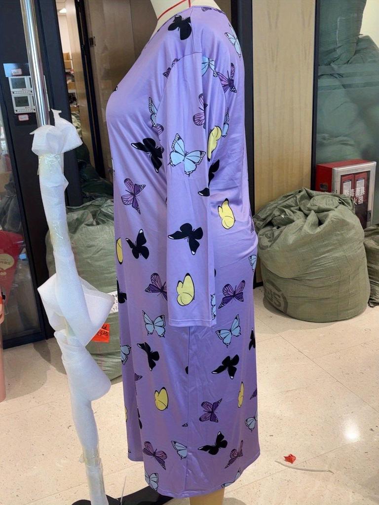 2025 European Plus Size Long Sleeve Butterfly Heart Leopard Print Nightgown