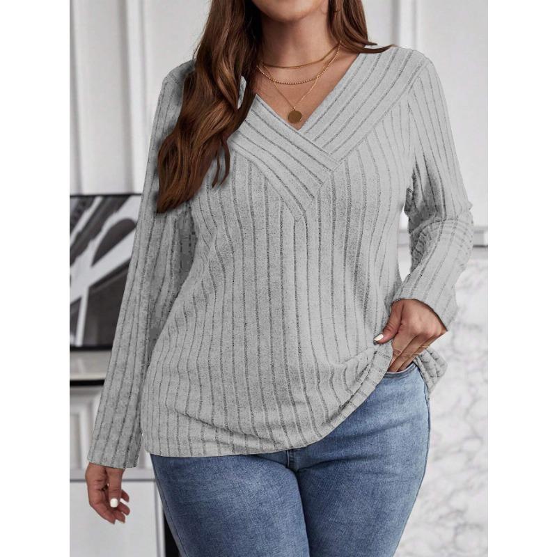 Cross V-neck long-sleeved pit strip brushed pullover women's sweater, autumn and winter solid color large size new women's long-sleeved top