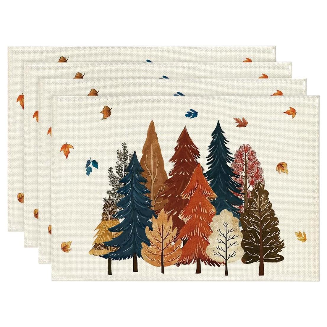 

4pcs Fall Tree Placemats – Autumn Forest Design with Colorful Leaves, 12x18in, Vintage Style for Thanksgiving & Dining Decor 30x45cm-4PC