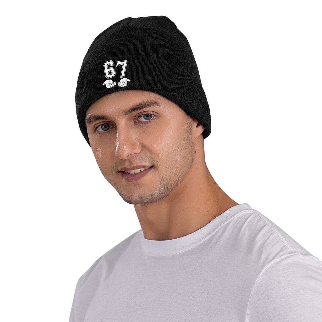 Six Seven 67 Minimal Number Design with Open Hands Knitted Hat Beanie Hats Elastic Adult Unisex Bonnet Hats Winter Caps Gift