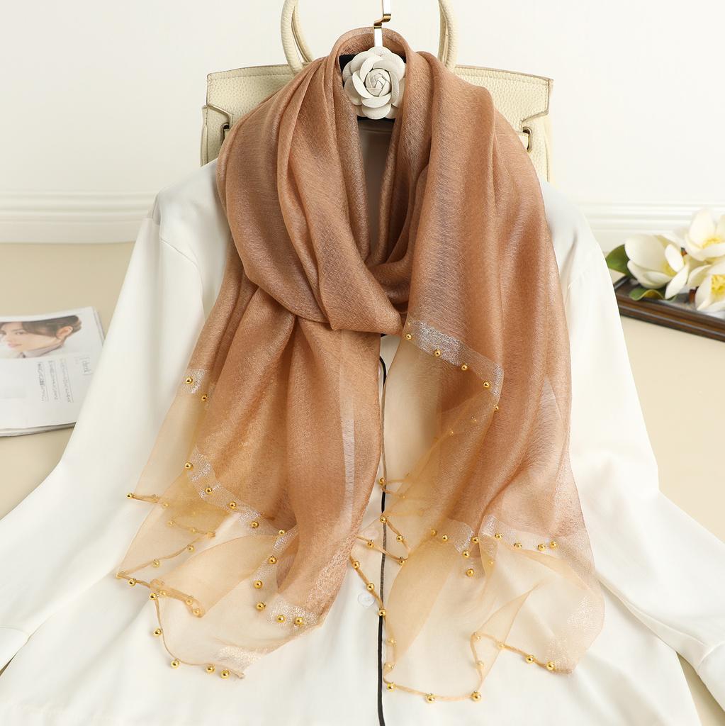 Solid Beading women scarf summer silk scarves lady shawl wrap hijab foulard female bandana pashmina Pearl jewel headband